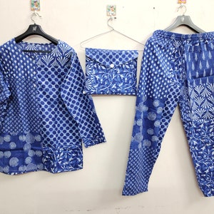 Adult Pyjamas/ Floral Print Pure Cotton P J Set Payjama Set Indian Cotton,Night Wear Soft Cotton Night Suit,Blue Colour Indian Cotton pj Set