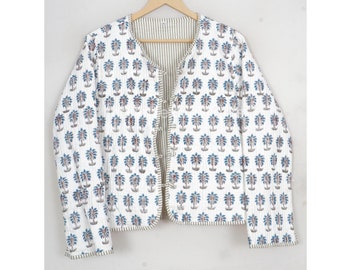 Indian Hand Block Print Fabric  Women Wear New Style white Palm tree jacket Quilted Jacket Short kimono