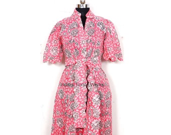 Robe florale rose Hand Block Robe en coton, Femmes Summer Wear Mini Robe Midi Robe pour femmes, Bloc imprimé coton doux