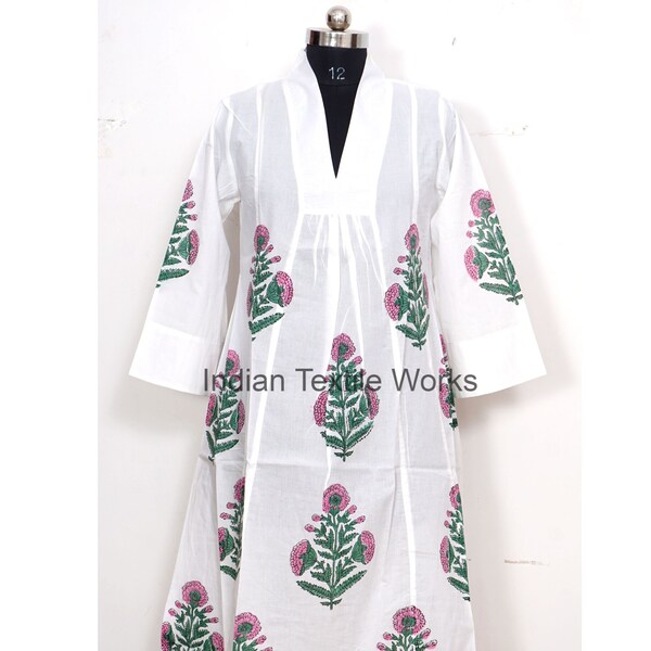 Robe imprimée en bloc de coton à la main en voile indien, robe imprimée en bloc Buta, robe de mariée de luxe à imprimé ample, robe à col en V profond