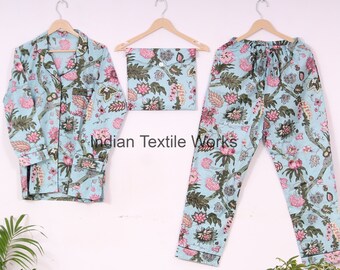 Indian Block Printed Cotton Pyjama Set - Women Cotton Pajama - Loungewear - Hand Block Print - Pj sets - Gifts for Her - Night Suit with Bag