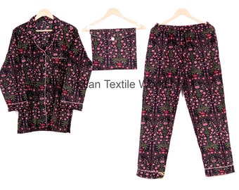 Indian pure cotton pajamas, Women's pure cotton pj's, ultra soft cotton pajama Set trousers shirts, Anokhi printed cotton pajama set