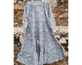 Block Flower Printed Cotton Maxi Dress: Indian Lounge Wear