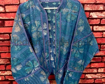 Vintage Indian Kantha Jacket Reversible Bagru Patchwork Boho Hippie Coat Cotton Festival Blazer One Size