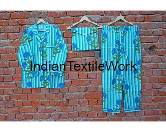 Blumendruck Baumwolle Pyjama Set: Indischer Block Print Nachtanzug