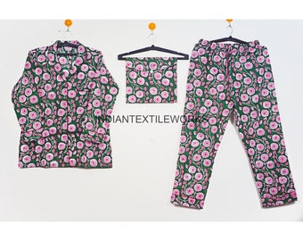 Indian Cotton Women Sleepwear Loose Summer Clothing/ Natural Color Printed Cotton Pajama Set/ Hand Block Print Pj Set/ Floral PJ Night Suit