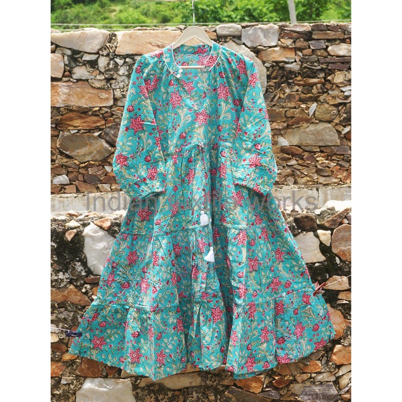 Block Printed Dress, Vneck With Button Dress, Holiday Maxi Dress