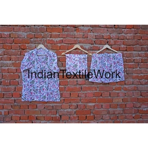 Block Print Cotton Pajama Set: Women&#39;s Short Sleeve Night Suit
