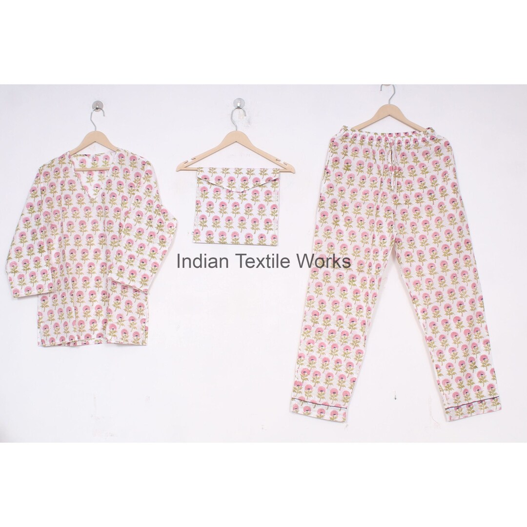 Long Sleeves Indian Bagru Cotton Pyjamas Set For Women's Pj Set | House Night Wear Pj Sets main image 1