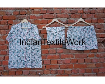 Baumwoll-Pyjama-Set: Damen-Block-Print-Sommernachtwäsche
