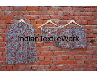 Block Print Cotton Short Pajama Set with Bag