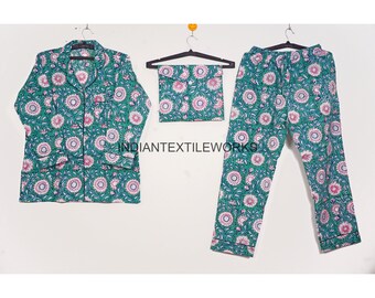 Floral Printed Women Cotton Dress, Hand Block Printed Shirt Pant With Bag, Indian 100% Pure Cotton Pajama Set, Ultra Soft Cotton Pyjama Set