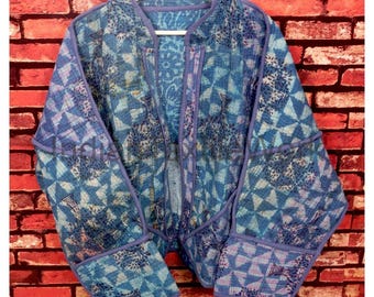 Reversible Vintage Kantha Jacket Indian Bagru Print Boho Hippie Patchwork Coat One Size Women Blazer