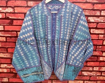 Handmade Kantha Quilted Jacket Reversible Bohemian Bagru Patch Coat