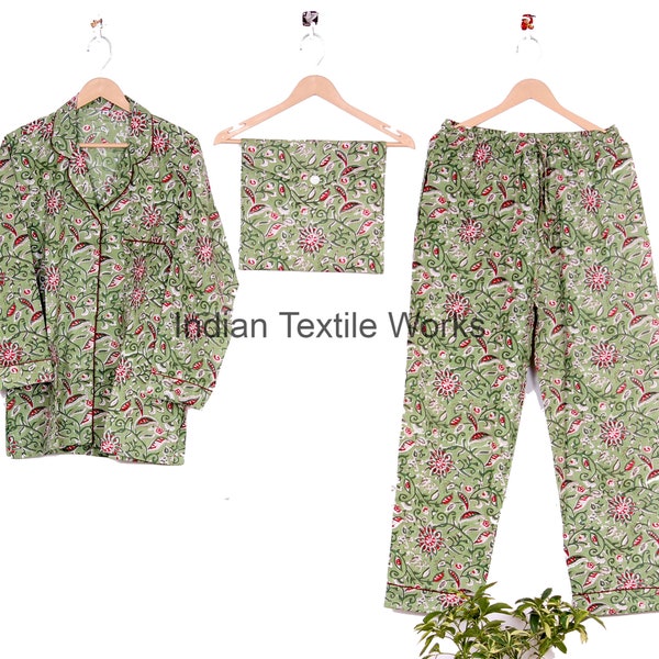 Cotton Block Print Pajama Set, Button Up Pajama Set, Nightwear Payjamas, Floral Cotton PJ Set , Women Night Shut, Bridesmaid Pajamas