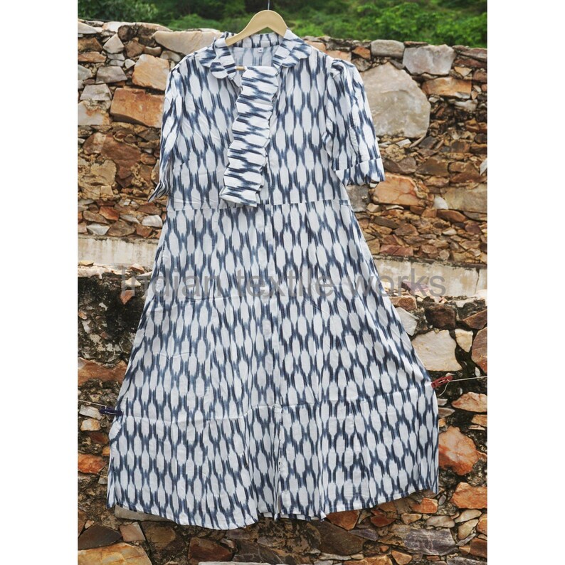 Indian Block Ikat Print Dress, Summer Season Pure 100 Cotton Long