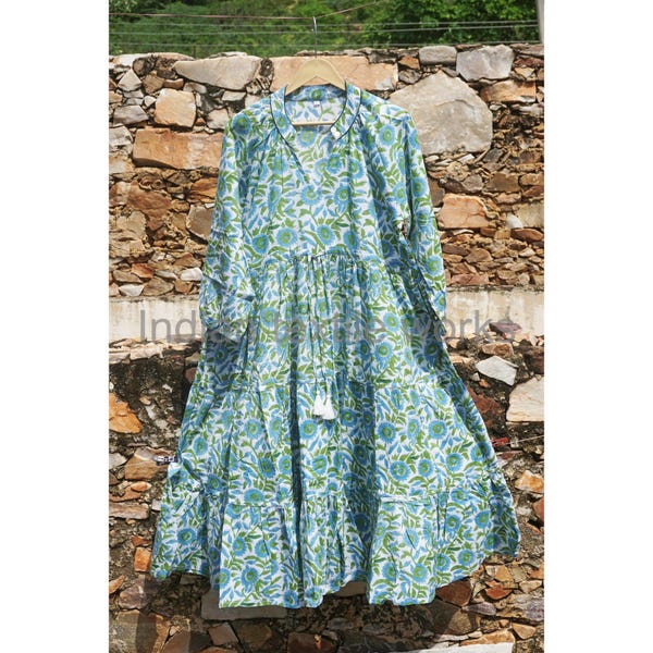 Indyjska sukienka z 100% czystej bawełny, długa sukienka z nadrukiem w bloki, letnia, elegancka, wygodna, codzienna, damska, miękka sukienka maxi, sukienka midi