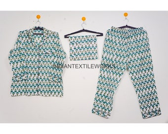 Indian Hand Block Printed Women Cotton Pj Set, Bohemian Handmade Loungewear, Lightweight Soft Pj sets, Comfortable Night Suit with Bag