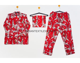 Jungle Print Adult Pajama Set/ Safari Print Printed Cotton Red Pj Set/ Red Couple Pyjamas Set/ Soft Lightweight Matching Pj Set Block Print