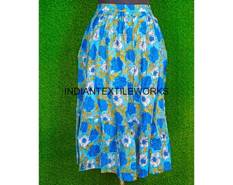 Blue Floral Printed Cotton Skirt for Women/ Bohemian Block Print Skirt Elastic Waistband with Belt/ Flowy Maxi Thaluta Skirt