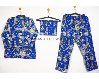 Sapphire Blue Safari Print Cotton Pj Set/ Indian Cotton Hand Block Print Pajama Set/ Pajama and Shirt Set Blue/ Matching Couple Pj Set