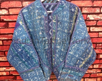 Vintage Bagru Kantha Jacket Reversible Boho Hippie Jacket Handmade Patchwork Kantha Coat One Size Festival Wear Cotton Blazer for Women