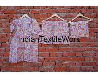 Cotton Short Pajama Set: Floral Print Summer Night Suit