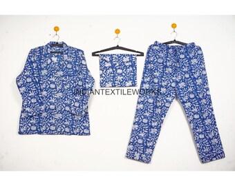 Floral Print Adult Pajama Set/ Flower Print Cotton Blue Pj Set/ Red Couple Pyjamas Set/ Soft Lightweight Matching Pj Set Block Print