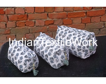 Floral Block Print Toiletry Bag Set: Quilted Cotton Travel Pouches