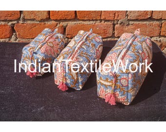 Quilted Makeup Bag Set: Indian Block Print Floral Cotton Toiletry Bags