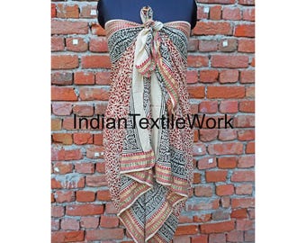 Indian Bagru Pareo, Cotton Sarong, Block Printed Scarves, Soft Cotton Dupatta, Beach Cover Ups Scarfs, Women Designer Pario, Christmas Gift