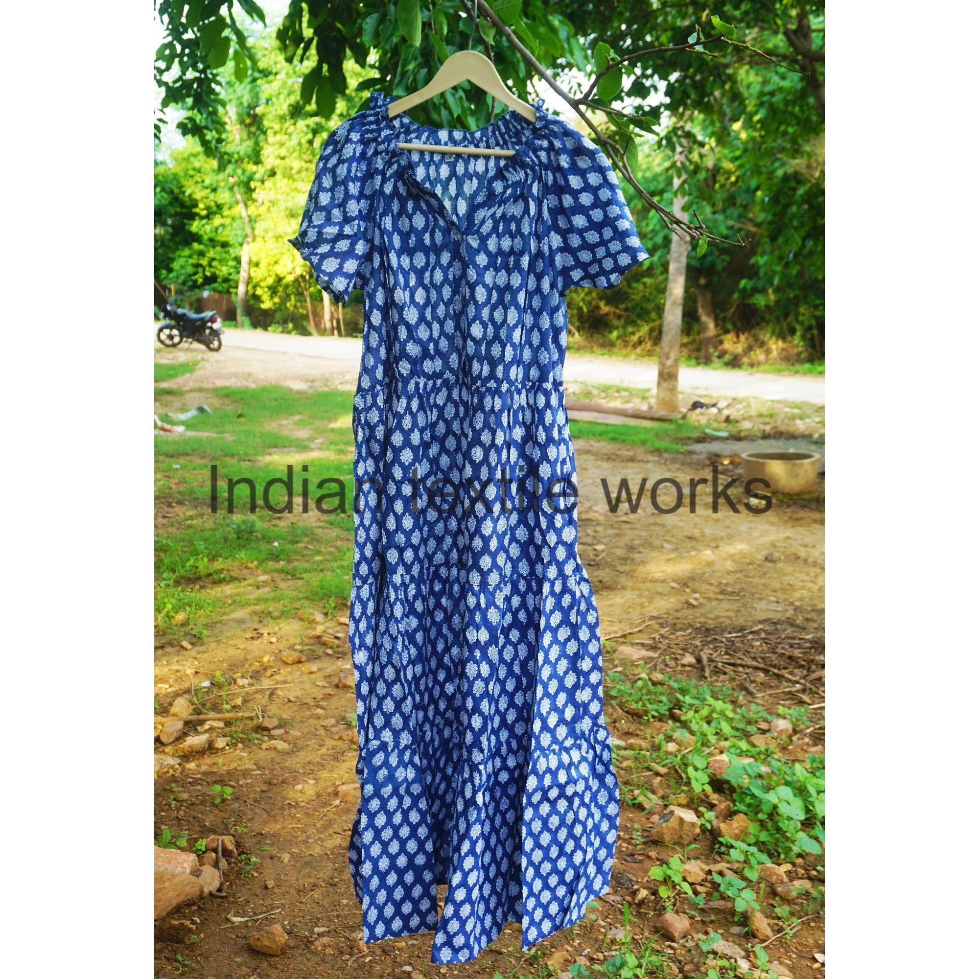 Block Print Midi Dress: Bohemian Leaf Print, 100% Cotton