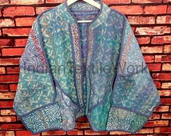 Indian Reversible Kantha Coat Vintage Bagru Print Patchwork Hippie Jacket Bohemian Blazer One Size