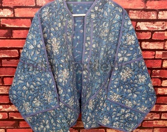 Indian Bagru Print Kantha Jacket Vintage Reversible Patchwork Boho Coat