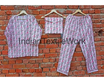 Indian Block Print Cotton Pajama Set, Women Cotton Night Dress, Flower Printed Sleepwear Pajamas Suit, Matching Set, Summer Wear Ladies Suit