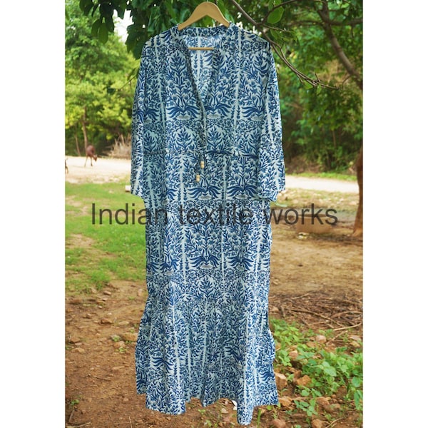 Block Print Cotton Dress, V-Neck Summer Day Wear