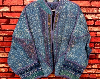 Reversible Bagru Print Kantha Coat Handmade Indian Bohemian Jacket