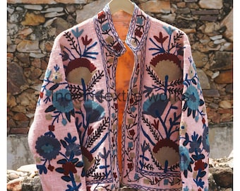Indian Suzani Embroidered Jacket, Women's Short Coat, 3/4 Sleeve