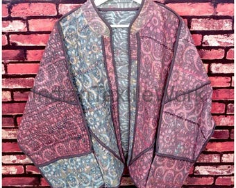 Reversible Indian Kantha Jacket Vintage Bagru Print Boho Hippie Patchwork Coat Handmade Quilted Cotton Blazer One Size Women