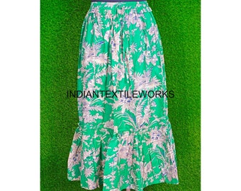 Hand Block Printed Green Cotton Skirt/ Women Cotton Skirt Elastic Waist / Boho Summer Wear Wrap Skirt/ Handmade Cotton Dress