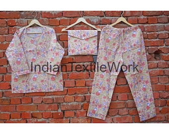 Block Print Baumwolle Pyjama Set: Floraler Damen Nachtanzug
