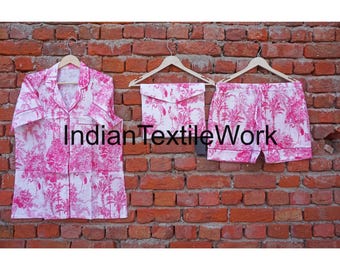 Block Print Cotton Short Pajama Set with Bag