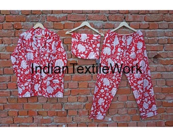 Handblock Gedruckt Baumwolle Pyjama Set: Damen Floral Nachtanzug