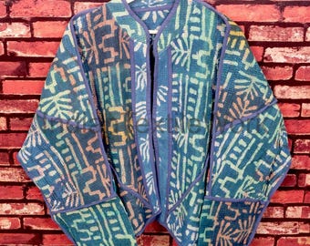 Boho Indian Kantha Jacket Vintage Bagru Print Reversible Patchwork Hippie Coat Cotton Blazer One Size