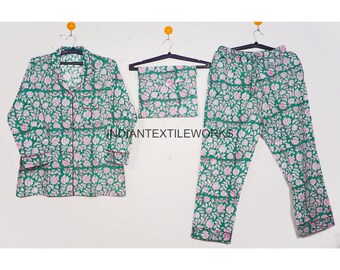 Women Cotton Pajama Set, Indian Block Printed Cotton Pyjama Set, Loungewear, Hand Block Print, Pj sets, Gifts for Her, Night Suit with Bag