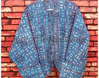 Indian Vintage Bagru Kantha Jacket Reversible Bohemian Hippie Coat Patchwork Quilted Blazer One Size Ethnic Festival Jacket
