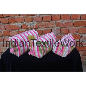 Indian Flower Printed Toiletry Bag, Cotton Vanity Bag, Cosmetic Pouch, Travel Bag, Set Of 3 Pieces, Eco-friendly Bag Set, Cotton Bag Set