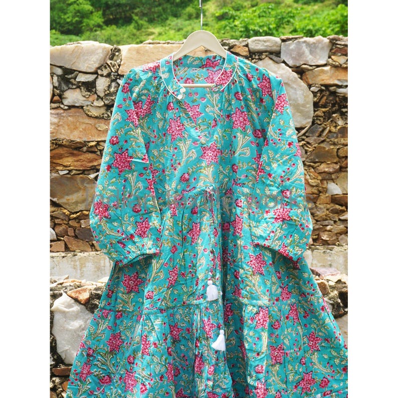 Block Printed Dress, Vneck With Button Dress, Holiday Maxi Dress