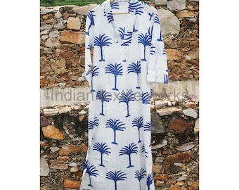 Indian Palm Tree Print Women Summer Wear Cotton Dress, Long Sleeve Dress With Pocket