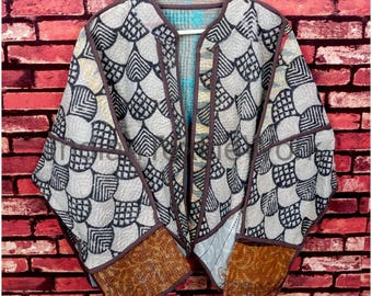 Bohemian Kantha Coat Vintage Indian Bagru Print Reversible Jacket